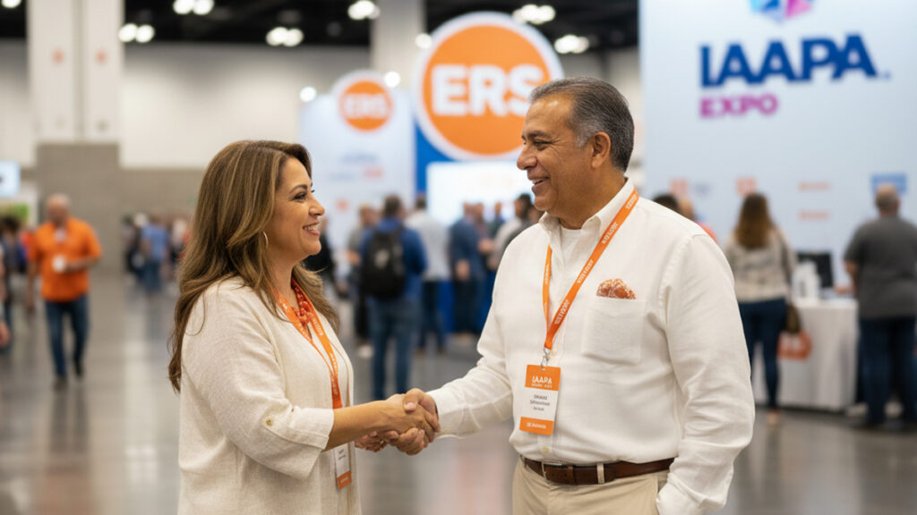 event-rental-systems-customers-networking-iaapa-expo - Event Rental Systems Business owner and vendor networking at the IAAPA expo