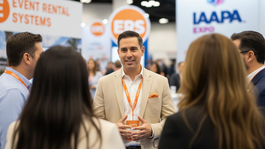 event-rental-systems-team-member-speaking-clients-iaapa-expo - Event Rental Systems People talking at the IAAPA expo