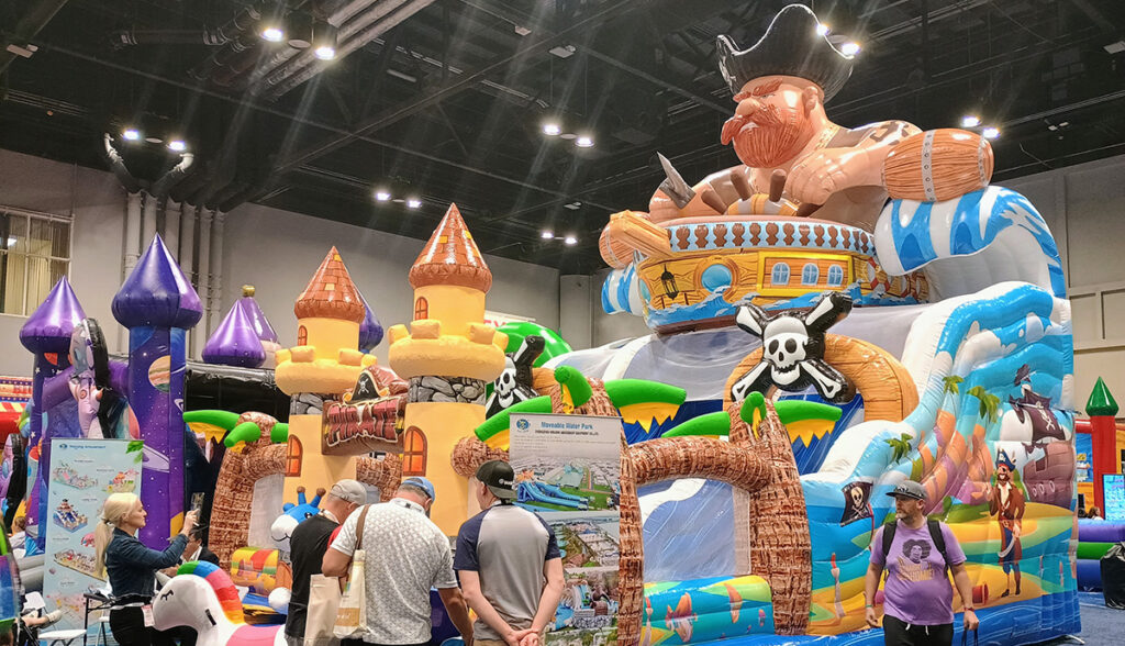 pirate-themed-inflatable-at-iaapa - Event Rental Systems A pirate-themed inflatable at the IAAPA expo