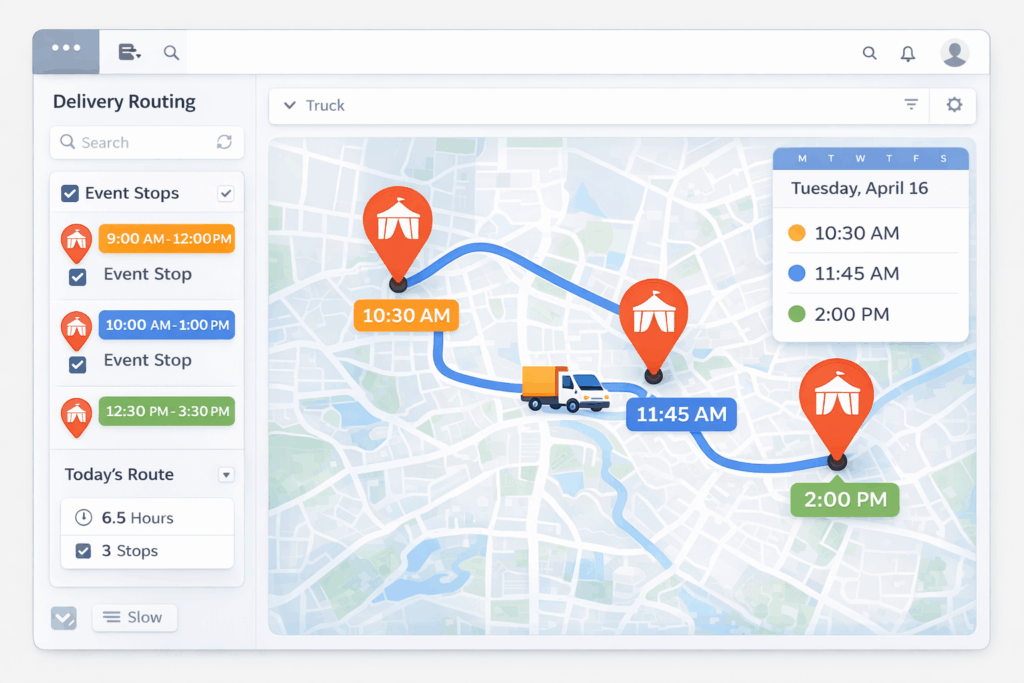 delivery-routing-software-mockup - Event Rental Systems A mockup of a dashboard for event rental software deciding how to optimize delivery routes