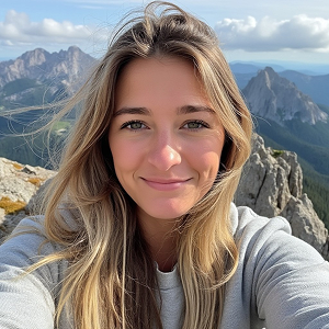 Selfie of blonde woman with mountains in the back