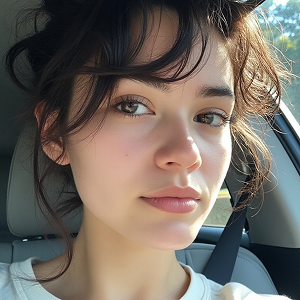 Selfie of Brunette woman sitting in car