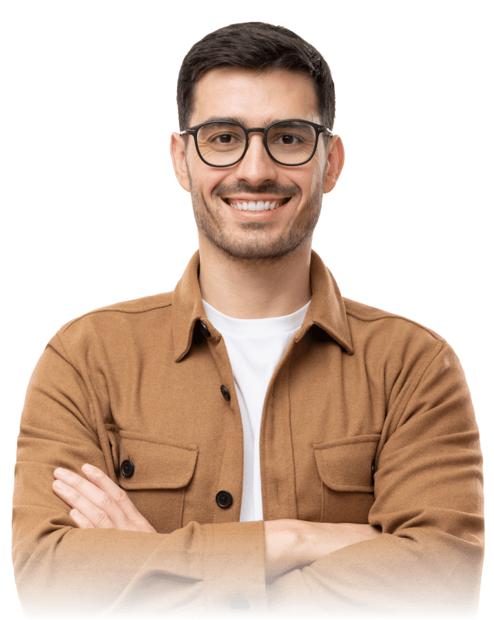 Confident young man in glasses smiling with arms crossed on the homepage hero section of event rental system event rental software