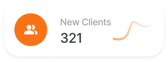 Event rental software dashboard widget displaying 321 new clients gained with growth trend line