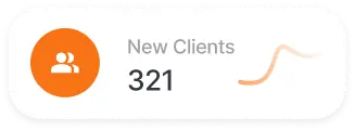 Event rental software dashboard widget displaying 321 new clients gained with growth trend line