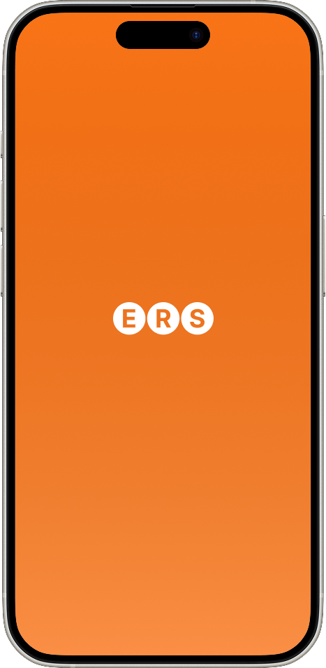 Smartphone mockup showing ERS event rental app download screen with orange background