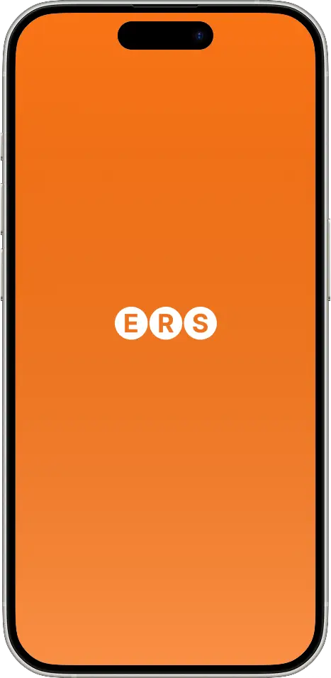 Smartphone mockup showing ERS event rental app download screen with orange background