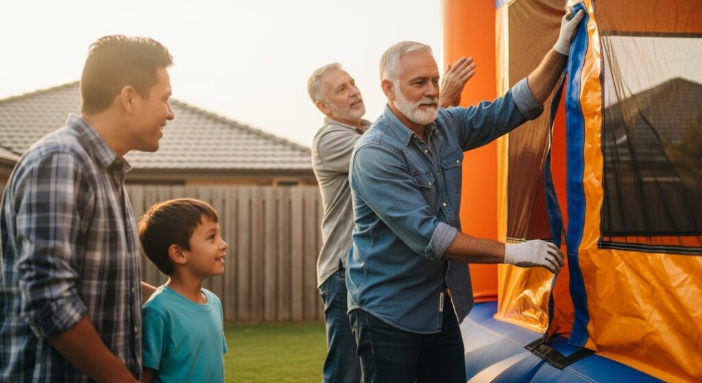 A bounce house being set up at a backyard birthday party