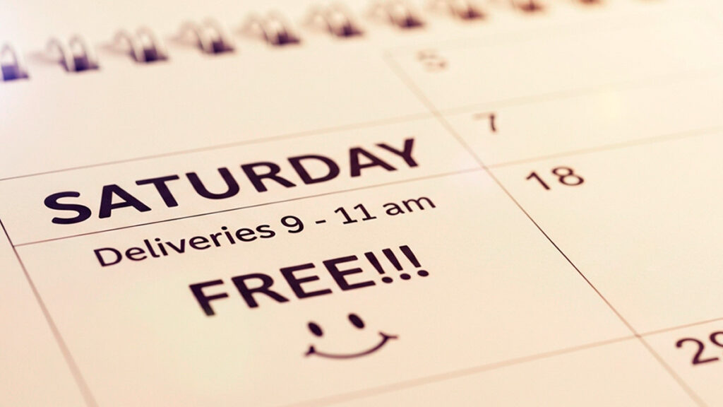 A calendar showing a Saturday with morning party rental deliveries and afternoon free time