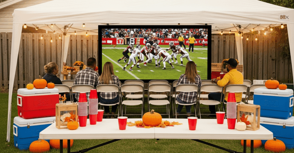 Fans watching a football game on TV in the backyard