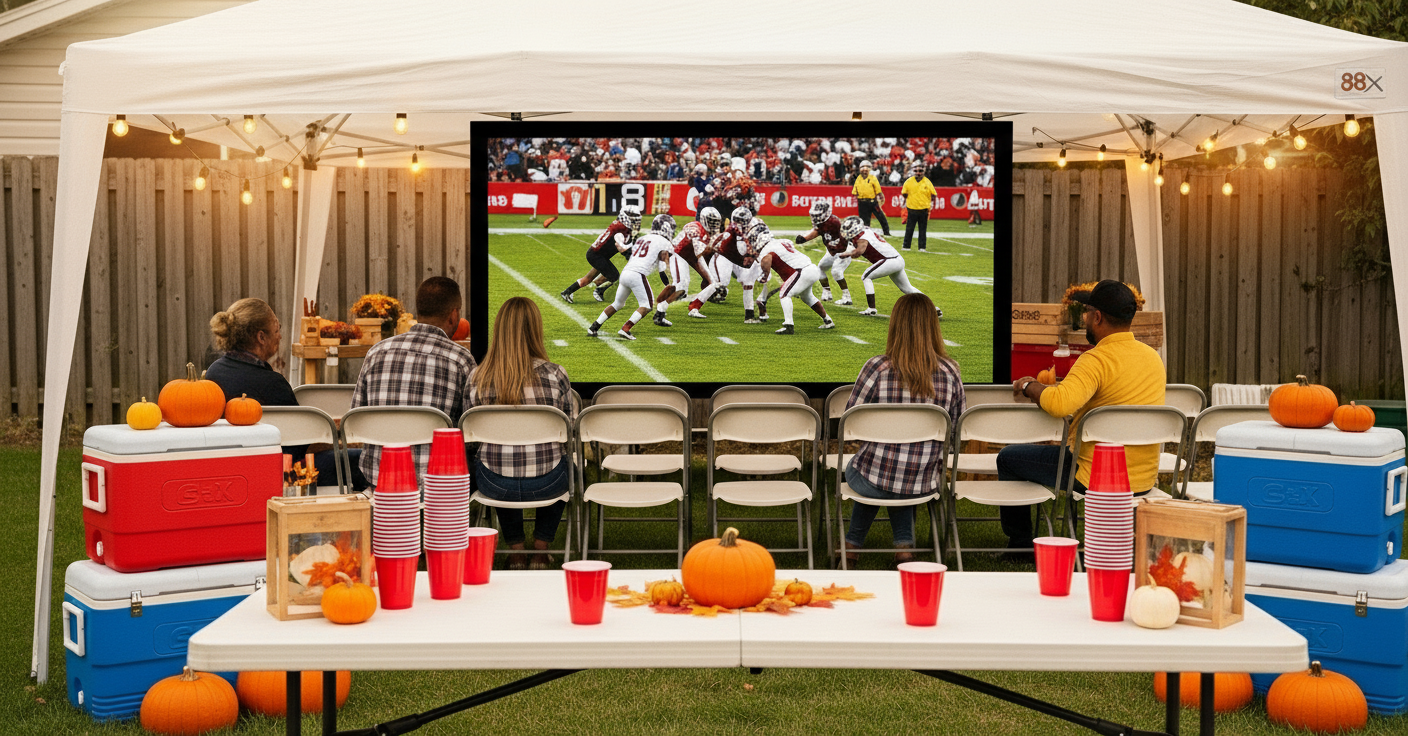 Fans watching a football game on TV in the backyard