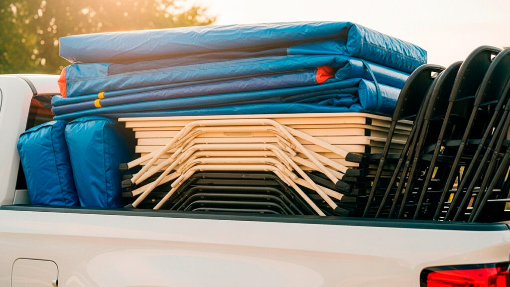 Chairs, tables, and inflatables neatly packed in a pickup truck