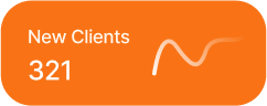 Event rental systems dashboard widget displaying 321 new clients gained with growth trend line