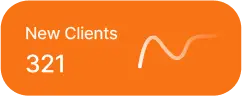 Event rental systems dashboard widget displaying 321 new clients gained with growth trend line