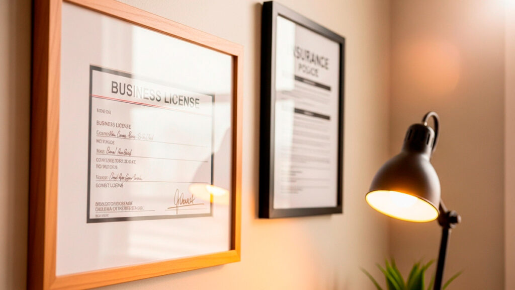 Framed business permits hanging on wall