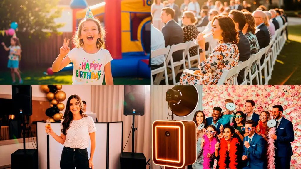 Collage showing a kid's birthday party, an outdoor wedding, an adult birthday party, and a corporate party