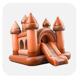 Orange inflatable castle floating in white rounded square card