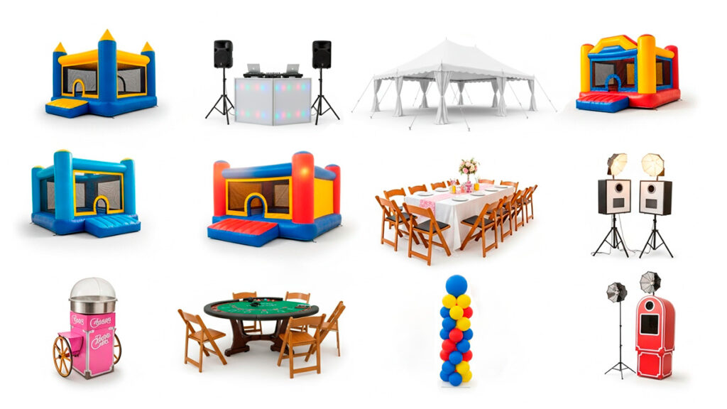 Collage of party rental inventory items bounce house, tent, chairs, photobooth, concessions, dj gear