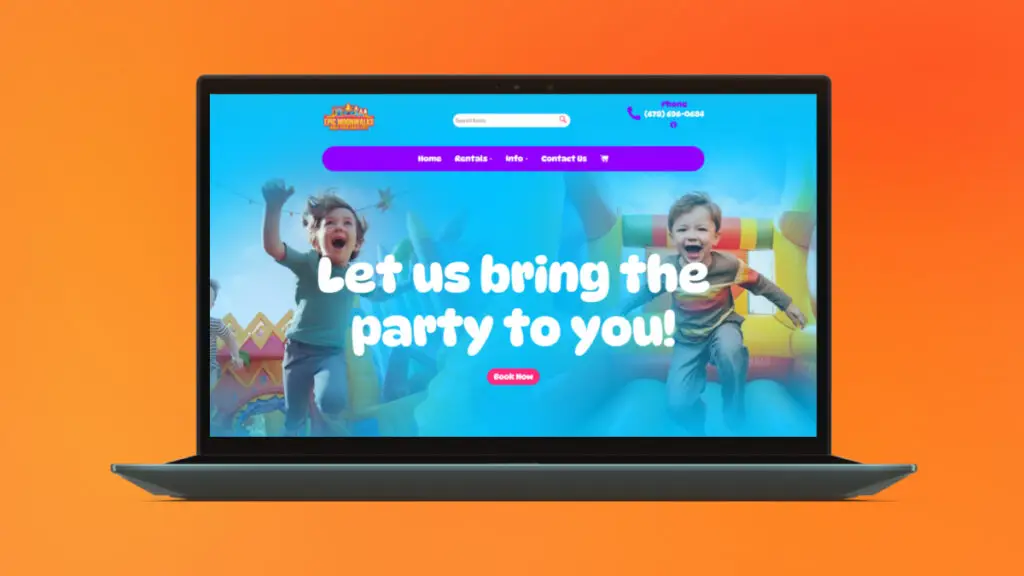 Screenshot of a party rental business website
