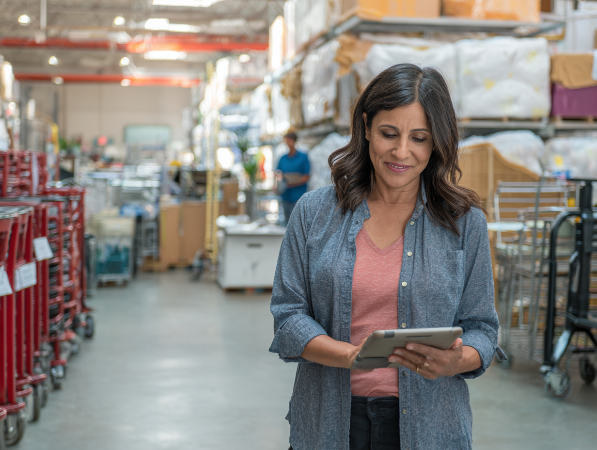 small business owner managing bookings on tablet using inflatable rental software