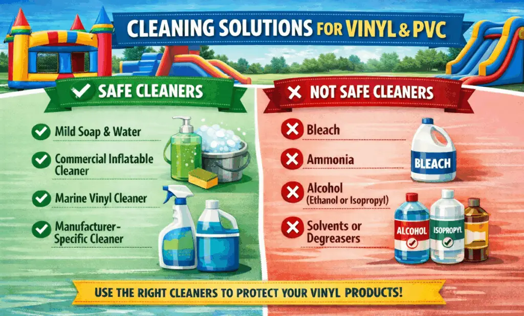 Safe and Non-Safe Cleaners for Vinyl & PVC Inflatables infographic