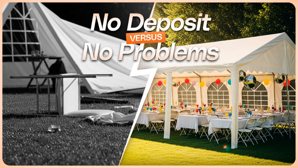 An organized set of tables and chairs at an outdoor party and a disorganized set of tables and chairs at an outdoor party