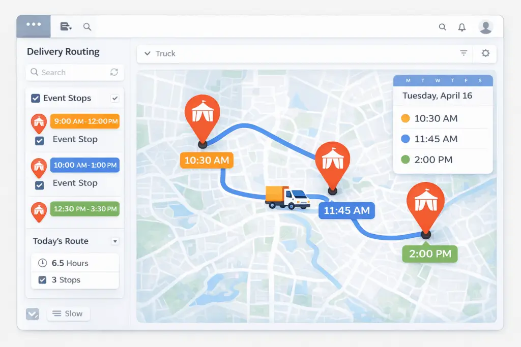 A mockup of a dashboard for event rental software deciding how to optimize delivery routes
