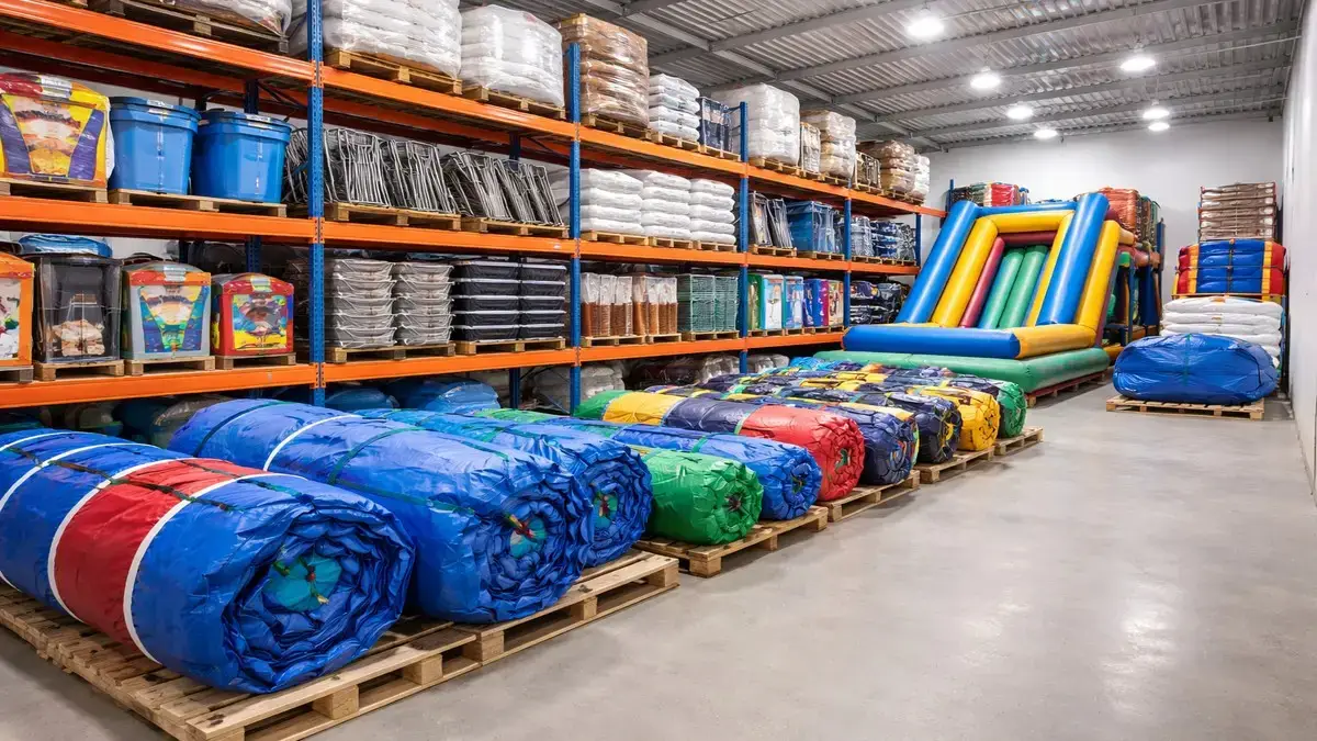 Inflatables and other party rental items stored on shelves in a warehouse