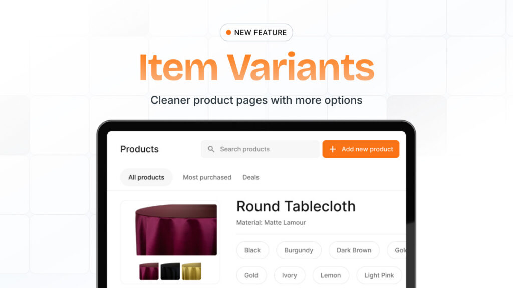 Laptop view of ERS software displaying variants of tablecloths