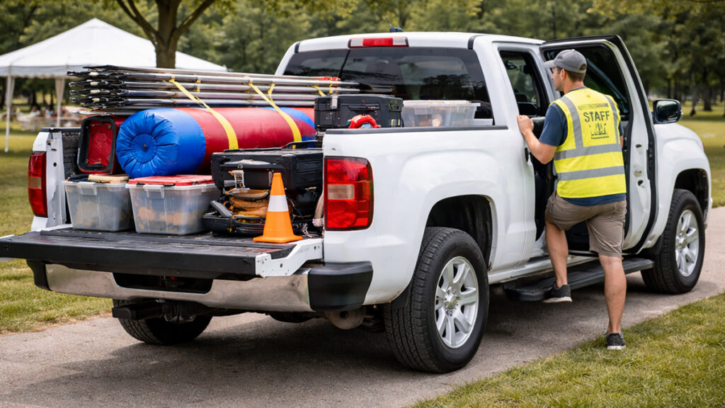 A truck loaded up with party rental equipment