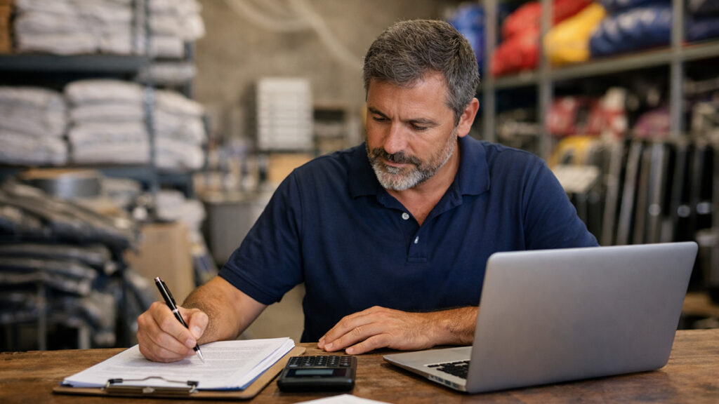 An event rental business owner at a desk in a storage warehouse doing admin work