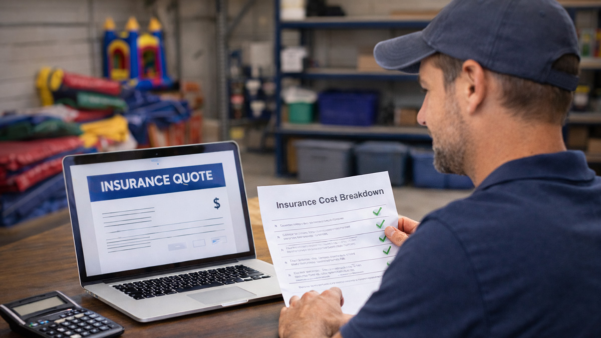 An event rental business owner reviewing an insurance quote in his storage space