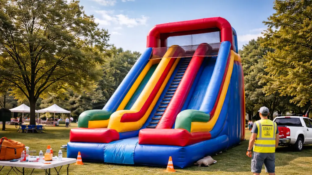 Vary tall inflatable slide setup at a backyard party