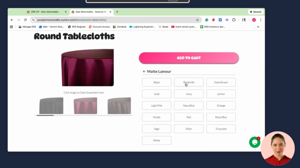 Screenshot displaying the tablecloth color selection