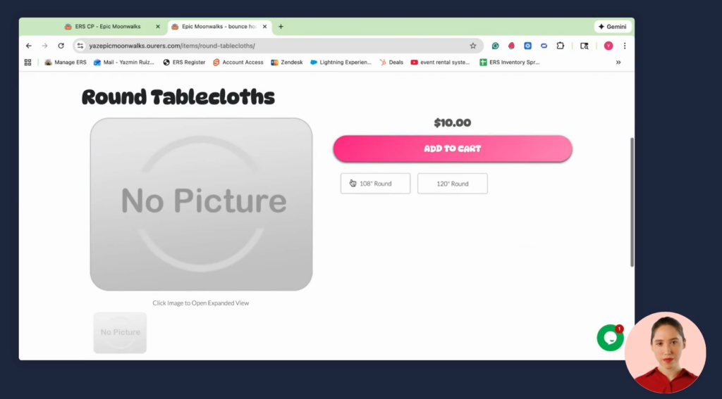 Screenshot displaying the tablecloth size selection