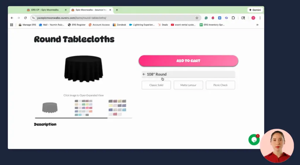 Screenshot displaying the tablecloth style selection