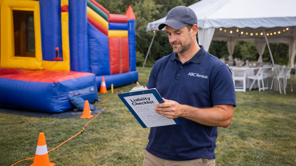 An event rental business owner reviewing a backyard party setup