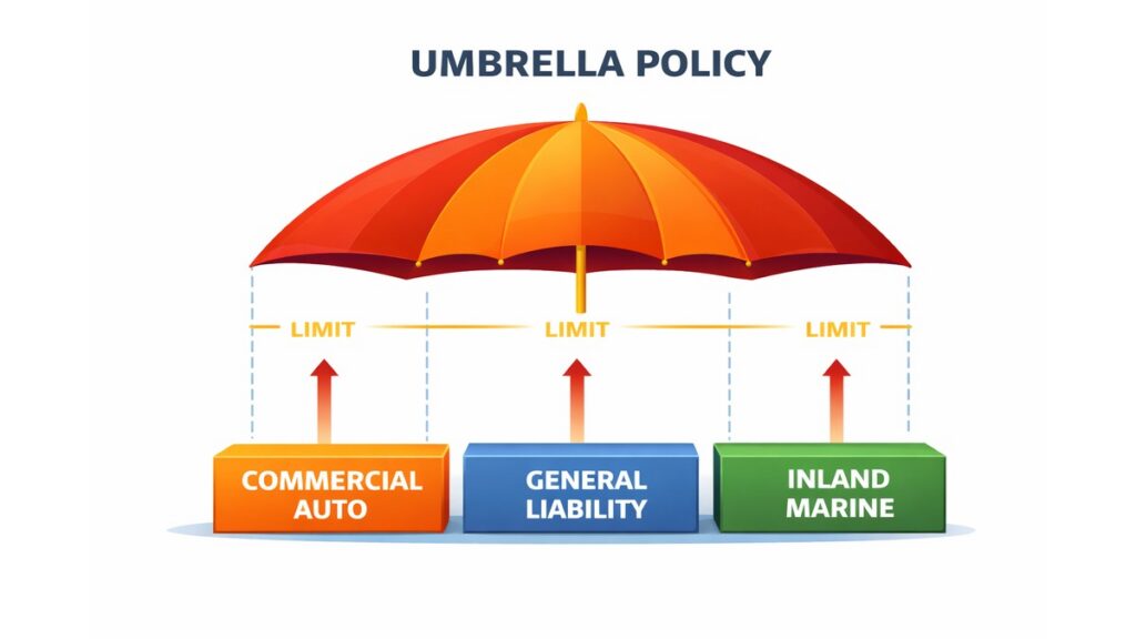 A diagram showing an umbrella policy that raises the limits of general liability, commercial auto, and inland marine policies