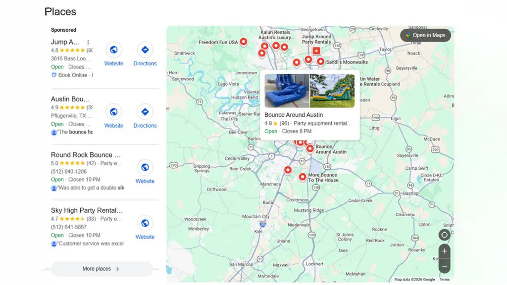 Screenshot of google business profile for party rentals map pack results