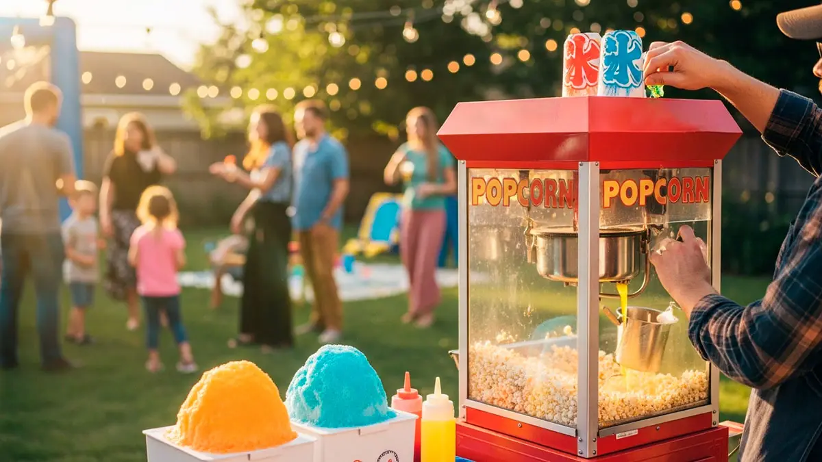 A popcorn and snow cone machine setup at a backyard party