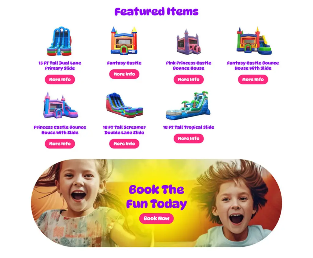 An optimized party rental website featuring inflatable inventory