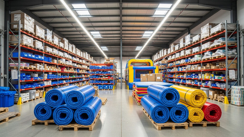 A storage warehouse with party rental equipment