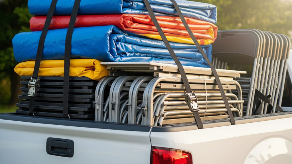 Truck loaded with party rental equipment for delivery