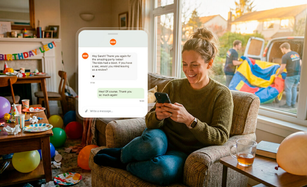 A happy customer receiving a text message for requesting a review from a party rental company