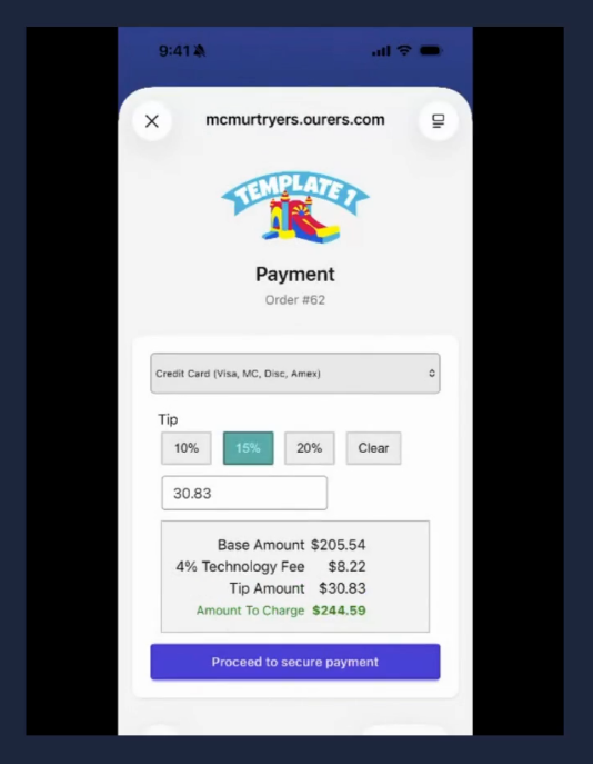 ERS driver app pay by link balance screen Event Rental Systems A screenshot showing the payment screen in the driver app