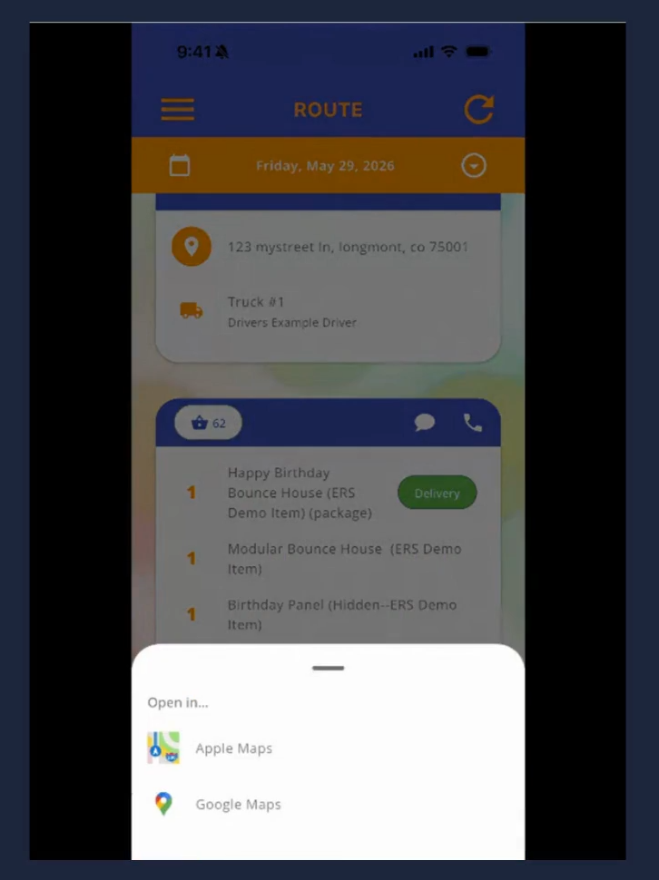 ers driver app navigation selector Event Rental Systems A screenshot showing the map app selector feature