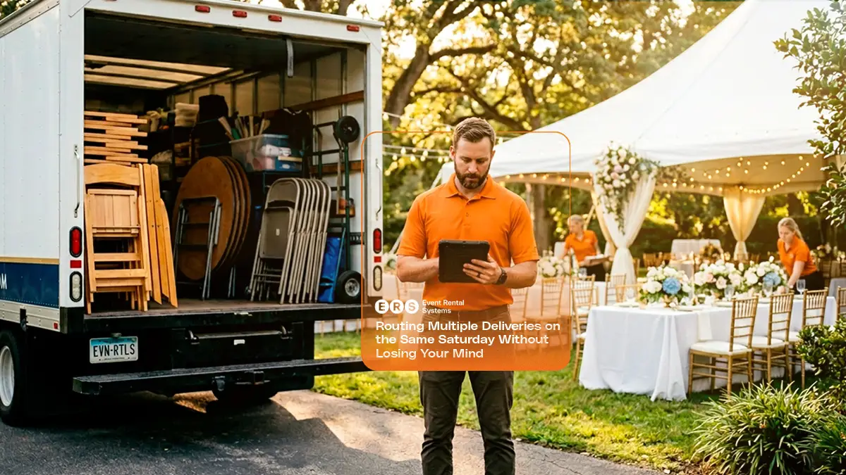 Party rental operator viewing planned delivery route on ipad