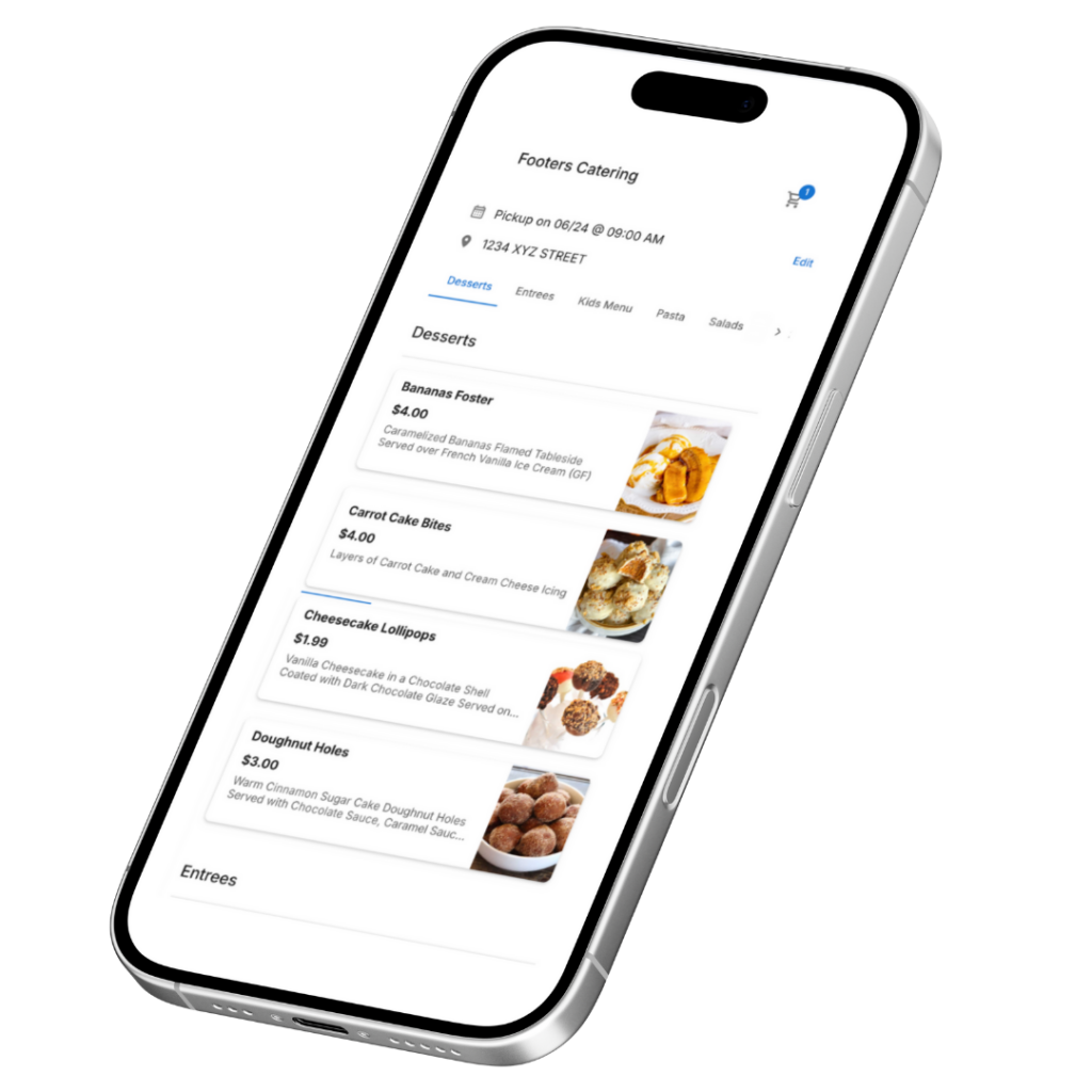 Mobile order screen for 'Footers Catering' showing dessert items like Bananas Foster 0 Carrot Cake Bites Cheesecake Lollipops and Doughnut Holes with small images and descriptions